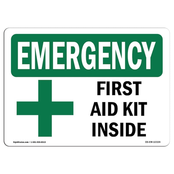 Safety Sign, OSHA EMERGENCY, 18" Height, First Aid Kit Inside, Landscape, OS-EM-D-1824-L-10324